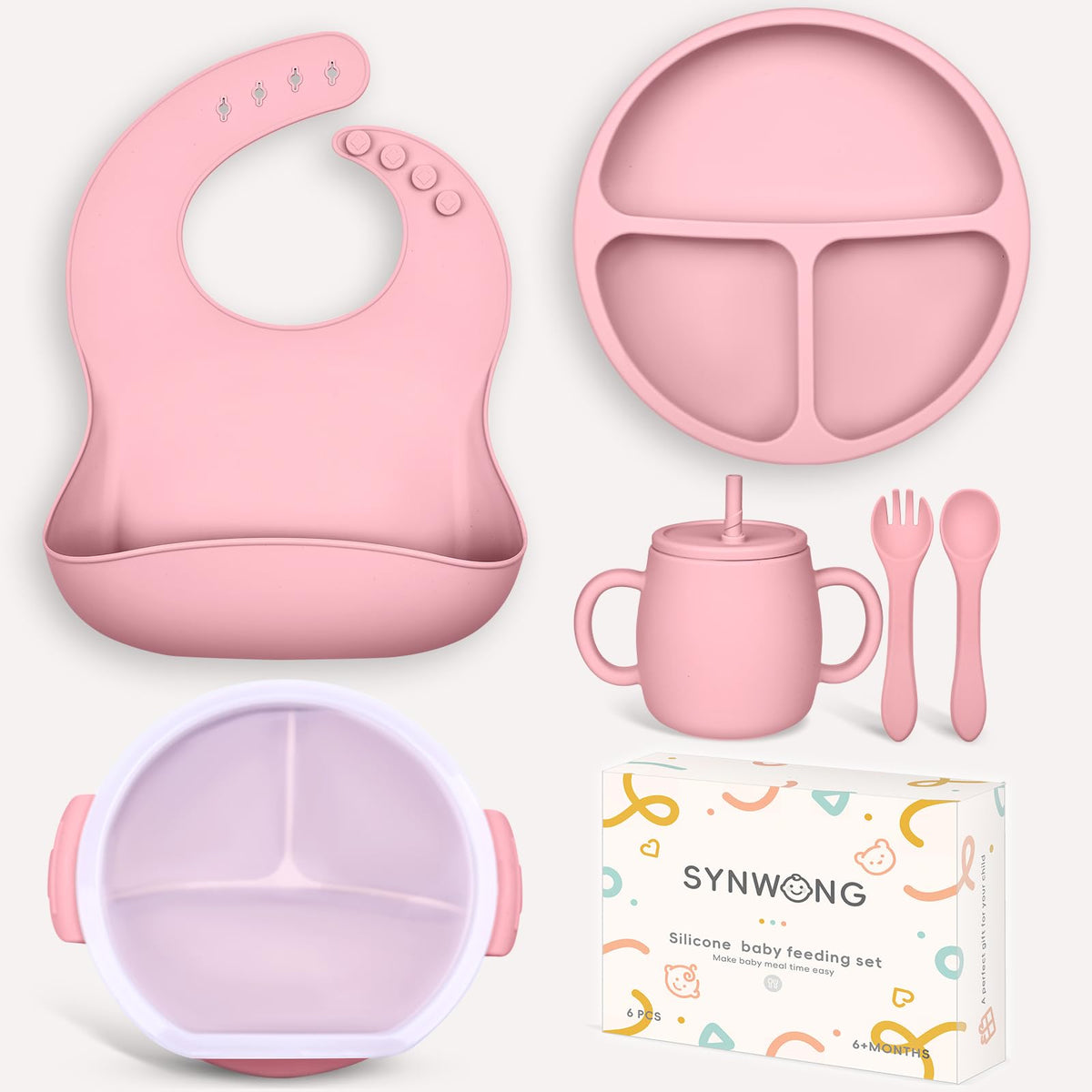Silicone Baby Feeding Set - Baby gift set,Contains silicone bibs for babies,suction plates for baby,baby spoons,baby bowls,baby cup , baby forks for self feeding baby led weaning(Pink)
