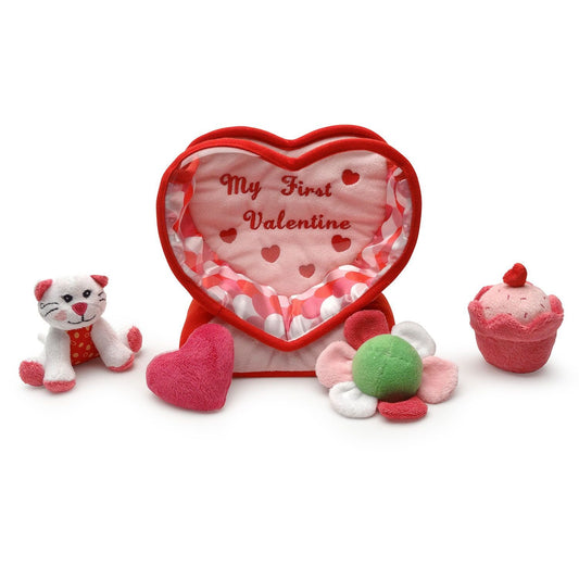 Babys First Valentines Day Gift - Deluxe Toy Set with 4 Sensory Toys (Cat Heart Flower Cupcake) for Babies and Toddlers - Sweet Valentines Gift for Baby Girls and Baby Boys by Genius Baby Toys