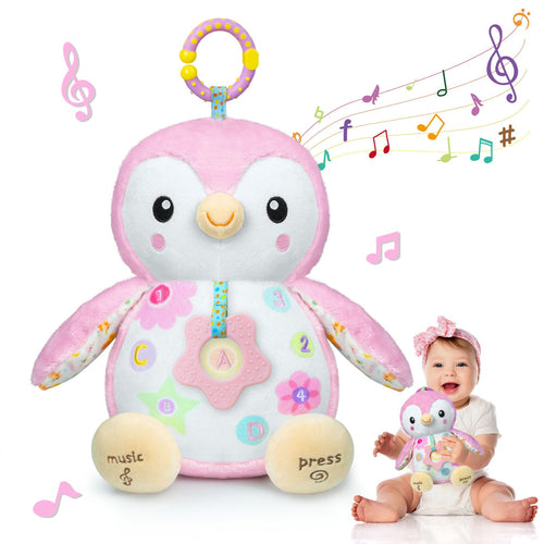Fuzqq Baby Toys 0-6 MonthsMusical Stuffed Animal Plush ToyTextured Hanging RingRattles & Crinkle Sound PaperTummy Time Toys for Newborns Toys for 0-6-12 Months Boy/GirlsPenguin