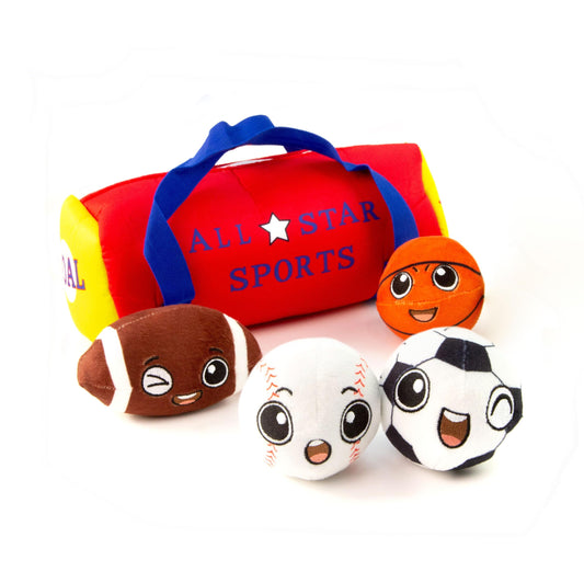 BABY K My First Sports Bag for Baby with 4 Plush Sports Balls - Rattle Balls for Baby with Soft Football Basketball Baseball Tennis Ball & Soccer Ball for 1 Year Old Toys - Baby Toys for Toddler