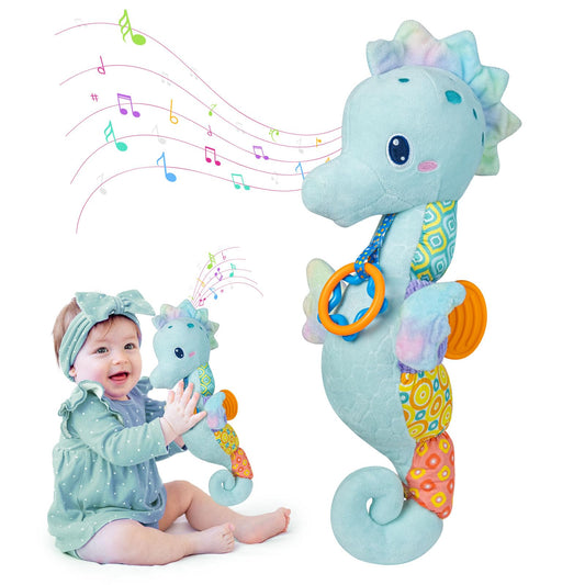 Baby Toys 0-6 MonthsInfant Musical Seahorse Stuffed Animals Sensory Toys with Bright ColorsMultiple TexturesRattles & Crinkle Sound PaperSoft Tummy Time Toy for Newborn Boys Girls 0-12 Months-Blue