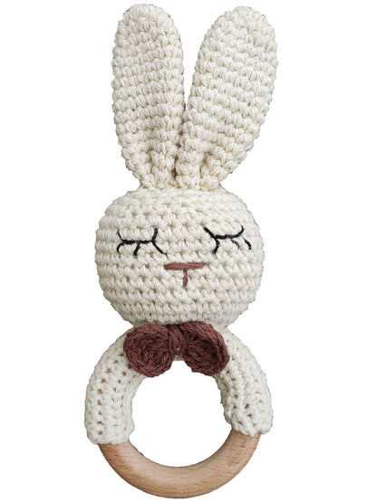Natural Crochet Teether Toy Rattle for Baby Forest Friends Handmade Amigurumi Crochet Bunny Deer Fox on Natural Wooden Teething Ring Rattle Natural Baby Toys (Organic Bunny)