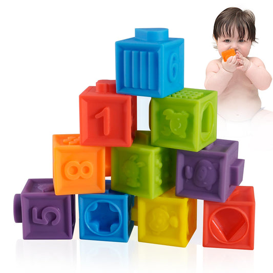 Ganowo 12PCS Mini Soft Stacking Blocks Toys Educational Squeeze Teeth Baby Toys with Numbers Animals for 6 Months Up Baby Building Blocks Christmas Stocking Stuffers for Baby Toddlers Gifts