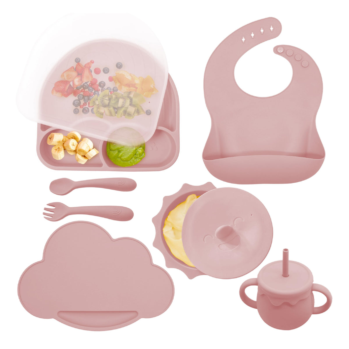 HUDSON & ELOISE Silicone Baby Led Weaning Supplies - Baby Feeding Set Baby Eating Supplies Infant Toddler Feeding Set Silicone Baby Bib Baby Plate and Bowl Set with Suction Baby Cup (Rose Pink)