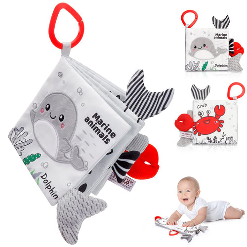 Crinkle Soft Baby Books 0-6 Months 3D Touch Feel High Contrast Cloth Book Sensory Baby Toys 0-6-12 Months Early Learning Stroller Toys for Infants Toddler Gifts Toy Marine Jungle Tails